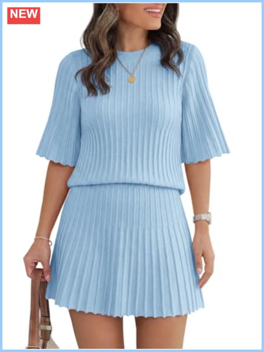 Ribbed Knit Half Sleeve Top & Pleated Skirt Set